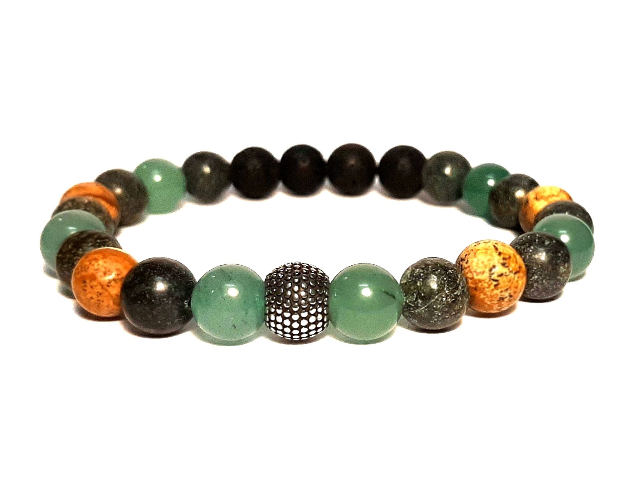 Sazou Jewels Armband Natural Stones | Groene Jade | Gele matte Jaspis | Groene Zoisiet | Lava | Steel