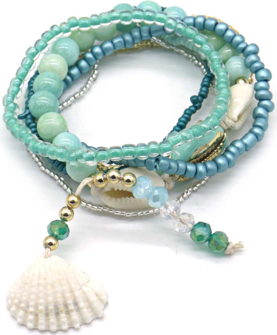 Set van 7 elastische armbanden met schelpen en Turquoise met goud en zilveren kralen