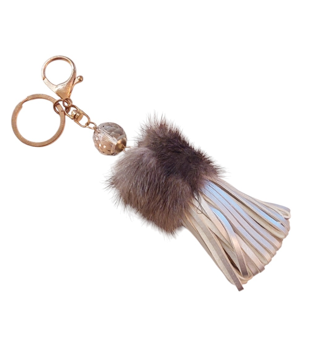 Tas,- Sleutelhanger Fancy  zilver en Fak Fur bruin