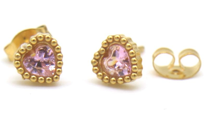 Musthaves Stainless Steel hart oorbellen met een roze steentje