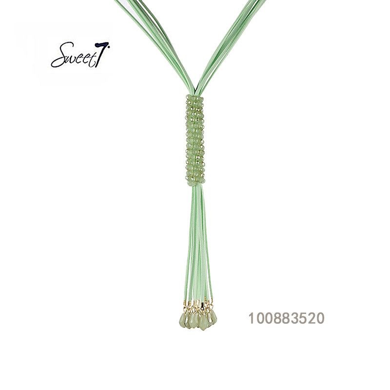 Sweet7 Lange dubbele groene koord ketting met tassels en kralen