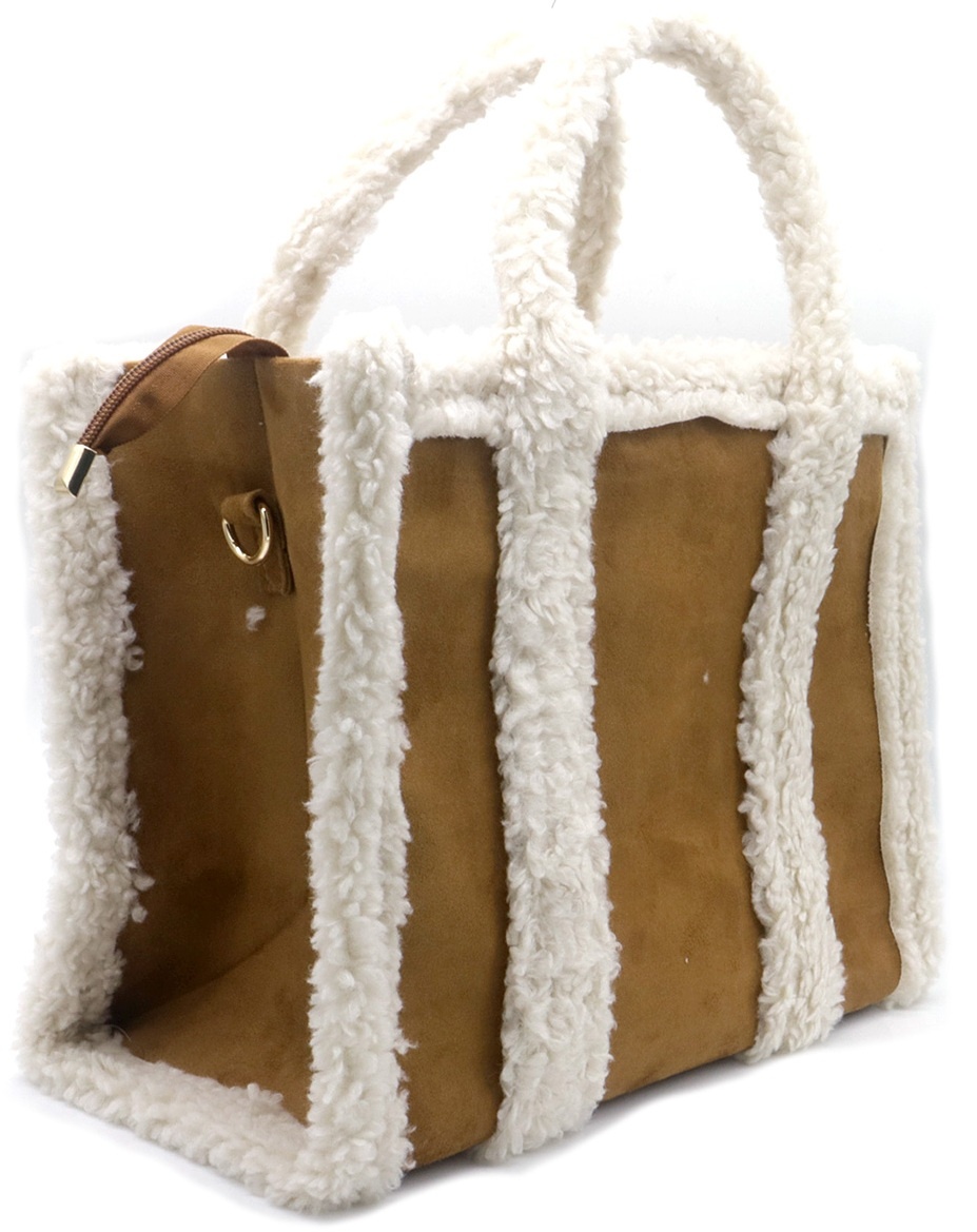 Cognac faux fur shopper met teddy elementen