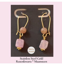 Sazou Jewels Oorbellen | Rozenkwarts | Maansteen | Stainless Steel | Gold