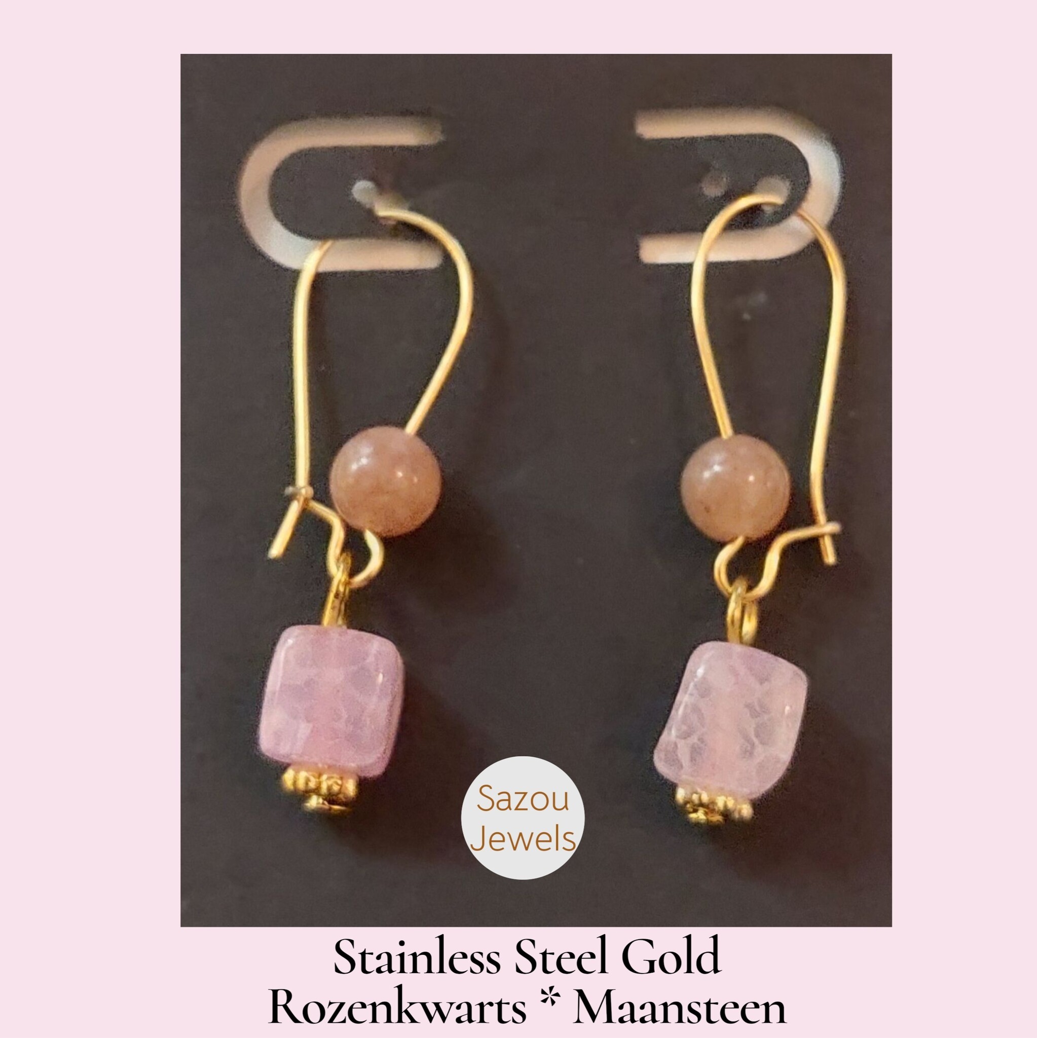 Sazou Jewels Stainless steel oorhangers met rozenkwarts en maansteen