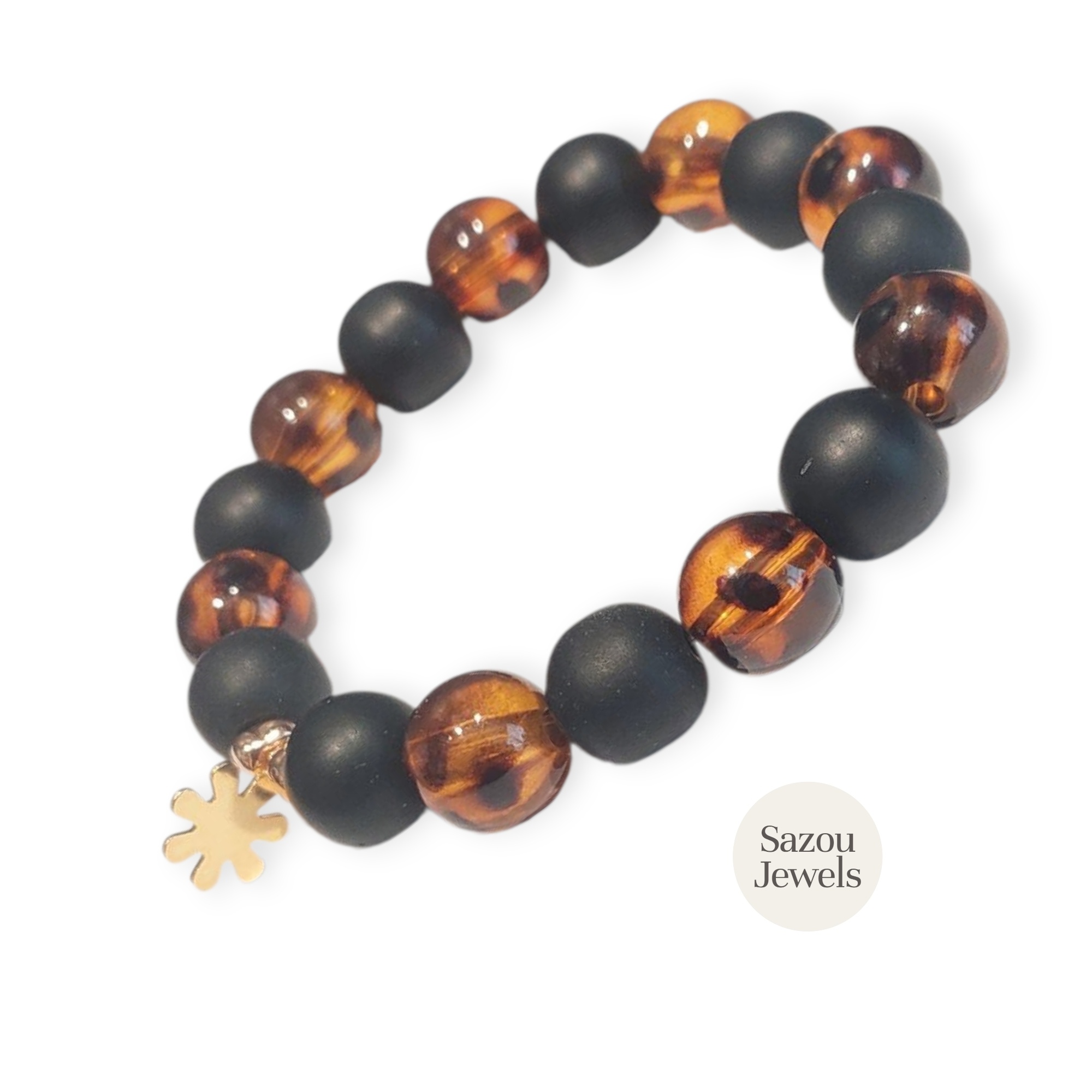 Sazou Jewels elastische armband met zwarte en luipaard acryl kralen en steel bedel