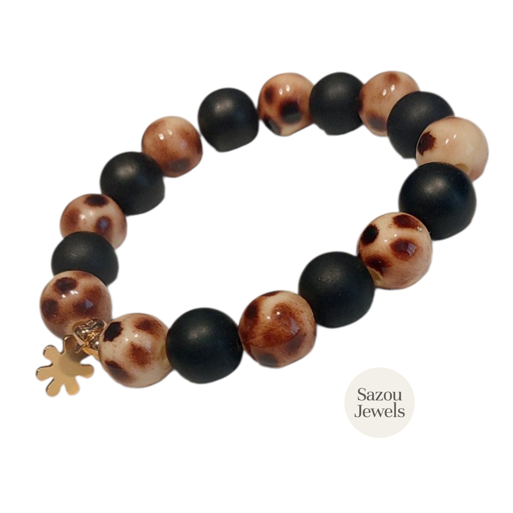 Sazou Jewels Armband van acryl kralen in zwart en luipaard
