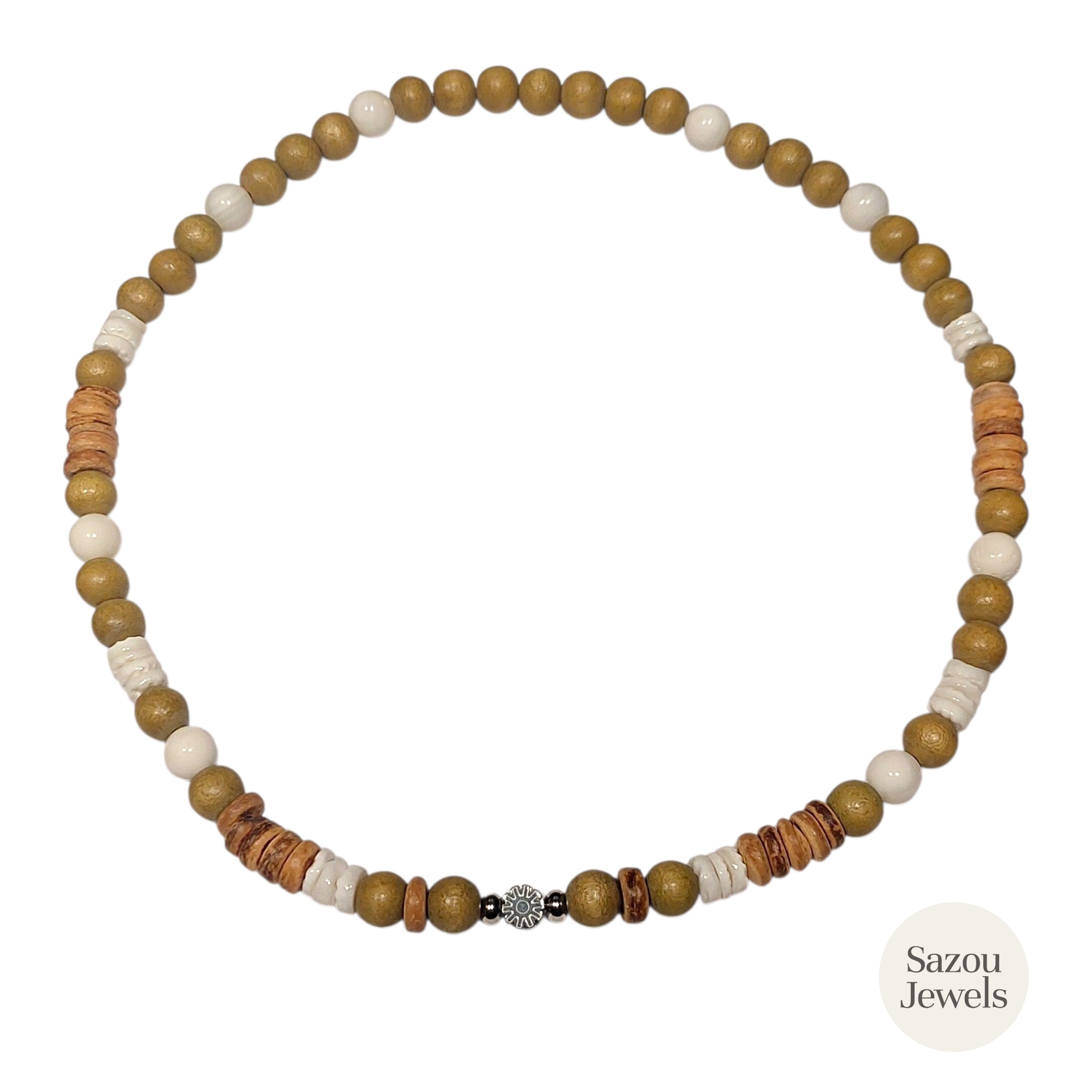 Sazou Jewels Ketting met natuur kralen en een hematiet mandala kraal