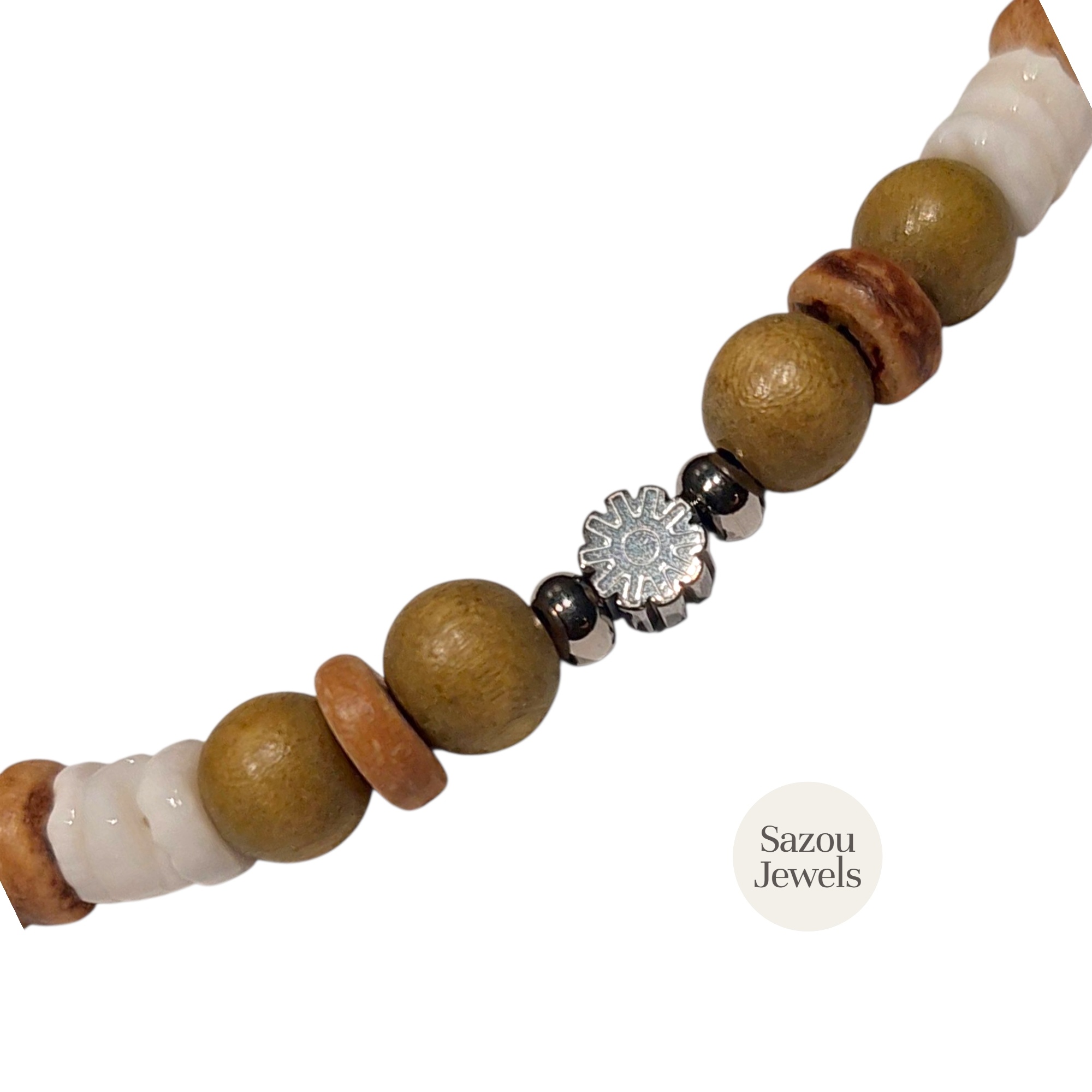 Sazou Jewels Ketting met natuur kralen en een hematiet mandala kraal