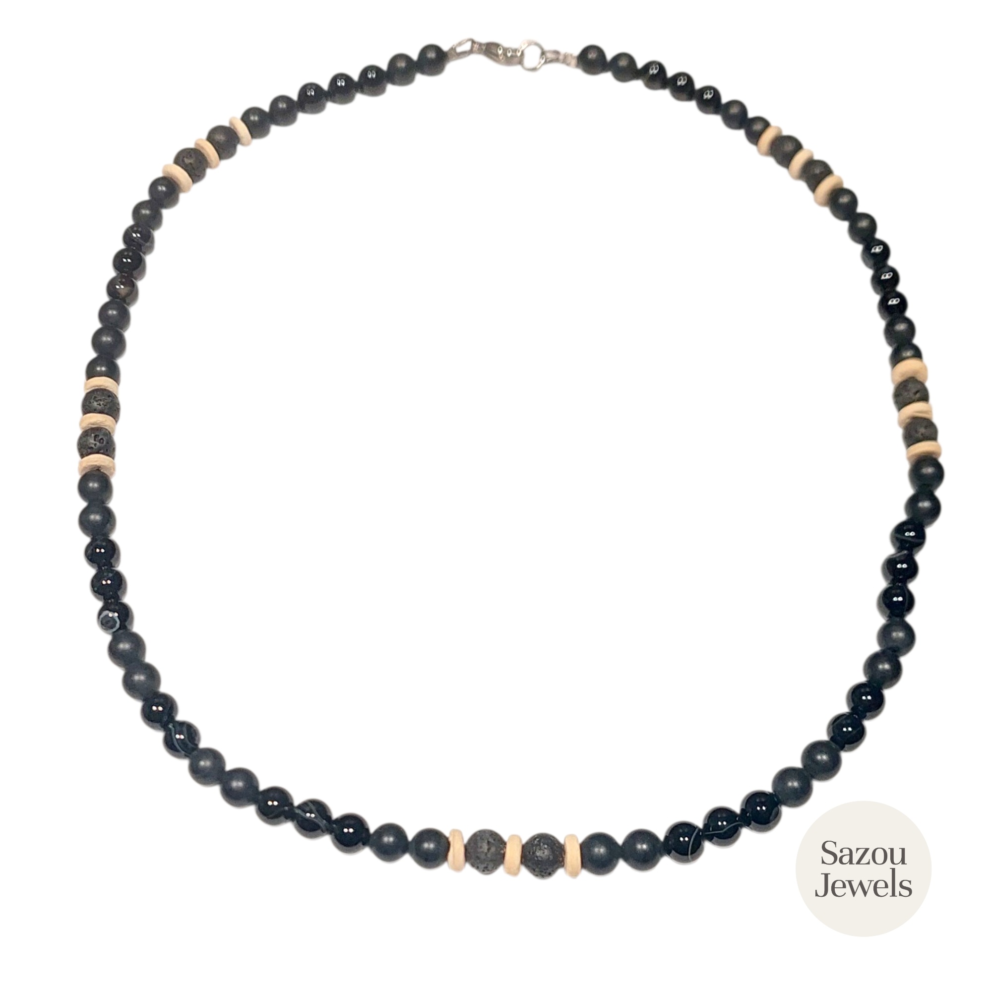 Sazou Jewels Lange ketting van onyx, agaat, kokos  en lava met steel slotje