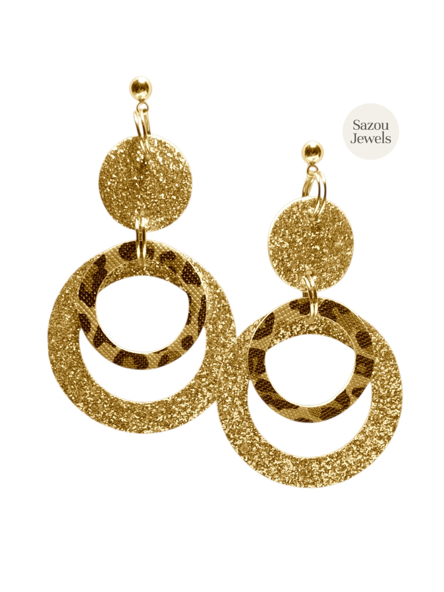 Sazou Jewels Stainless Steel Oorstekers met 2 glitterringen en 1 met luipaard motief