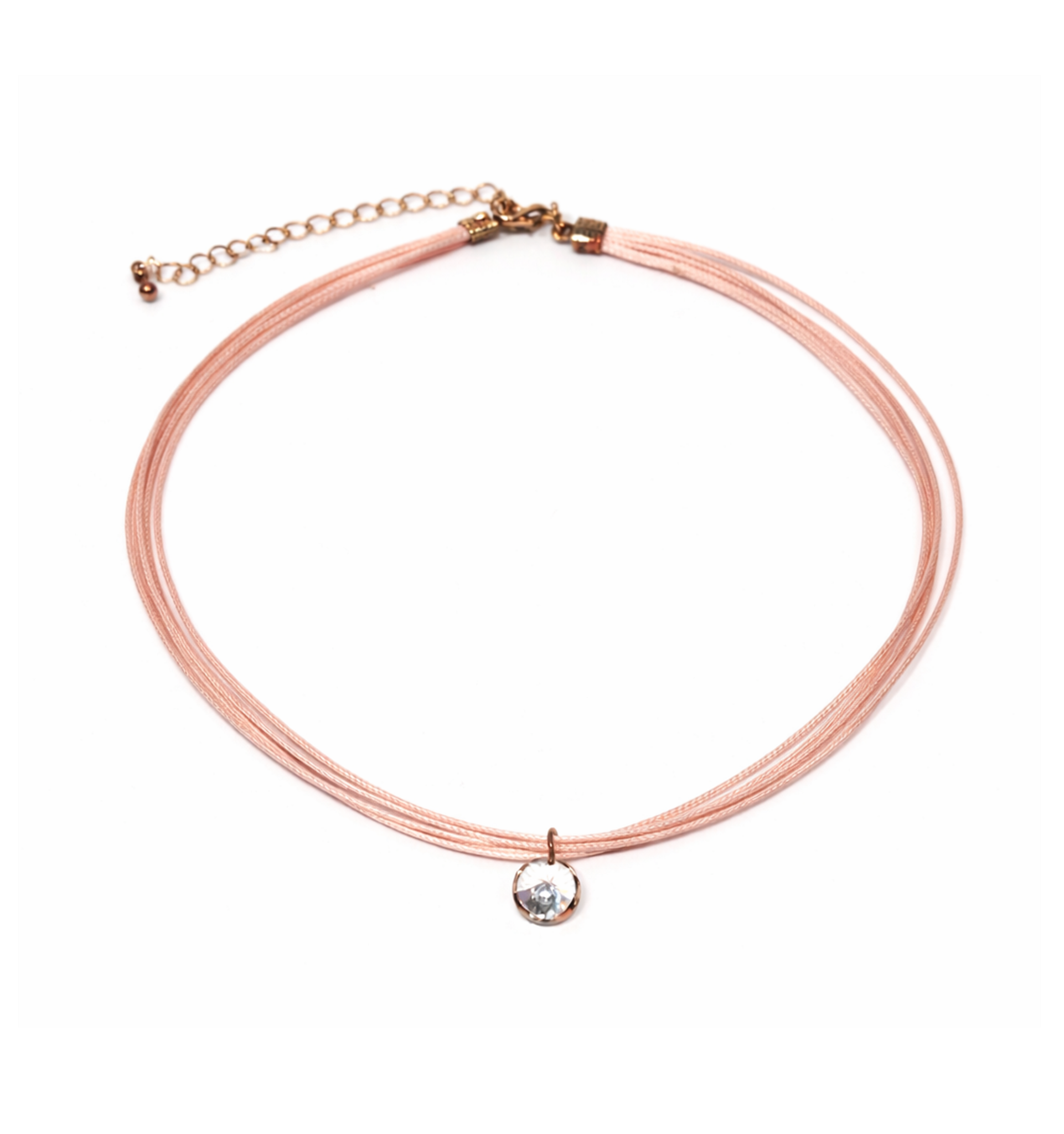 Sazou Jewels Ketting van roze nylon koorden met een kristal punthanger
