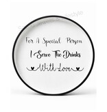 Klein rond dienblad met tekst in zwart wit