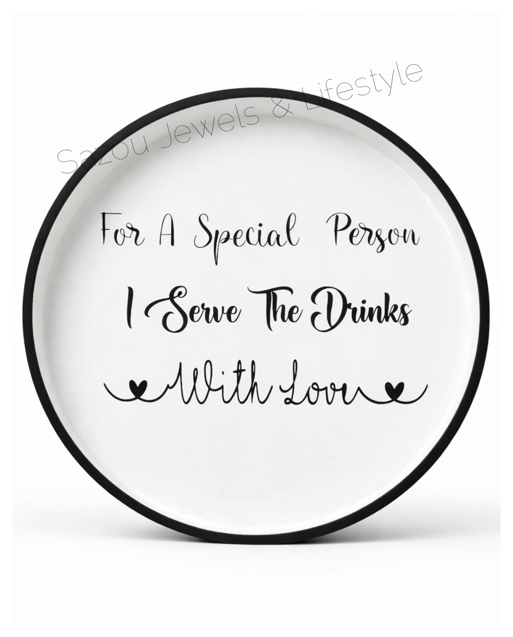 Klein rond dienblad met tekst in zwart wit