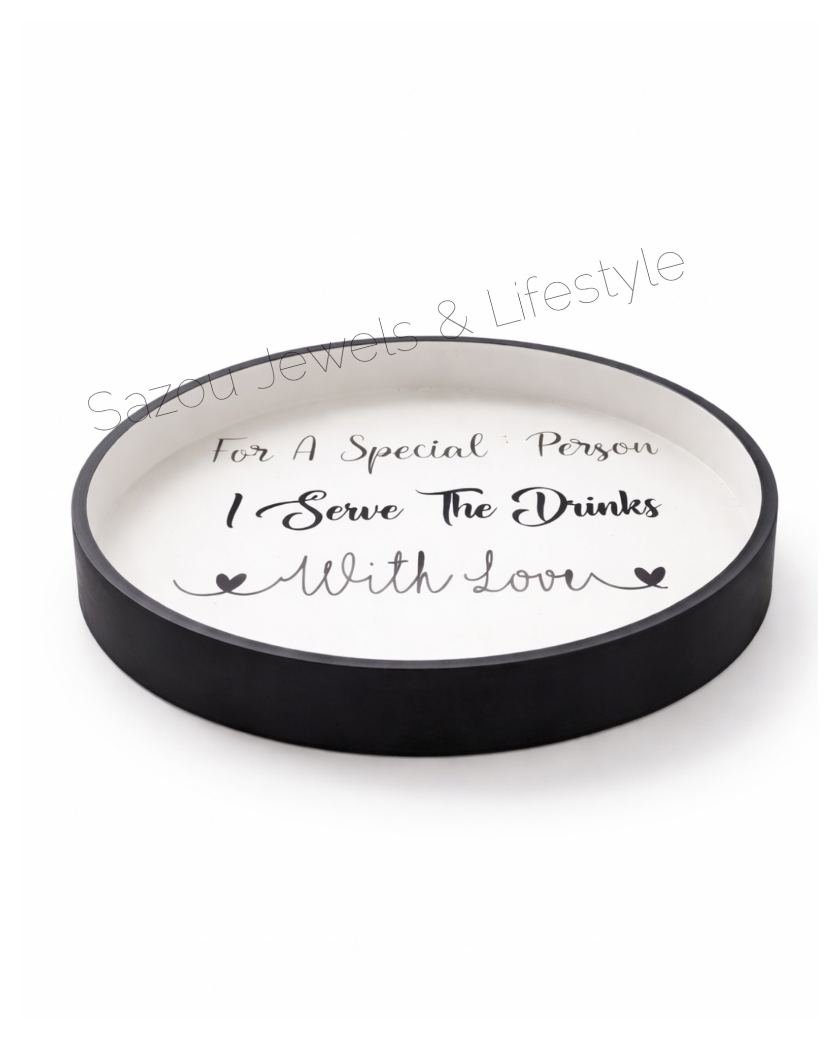 Klein rond dienblad met tekst in zwart wit