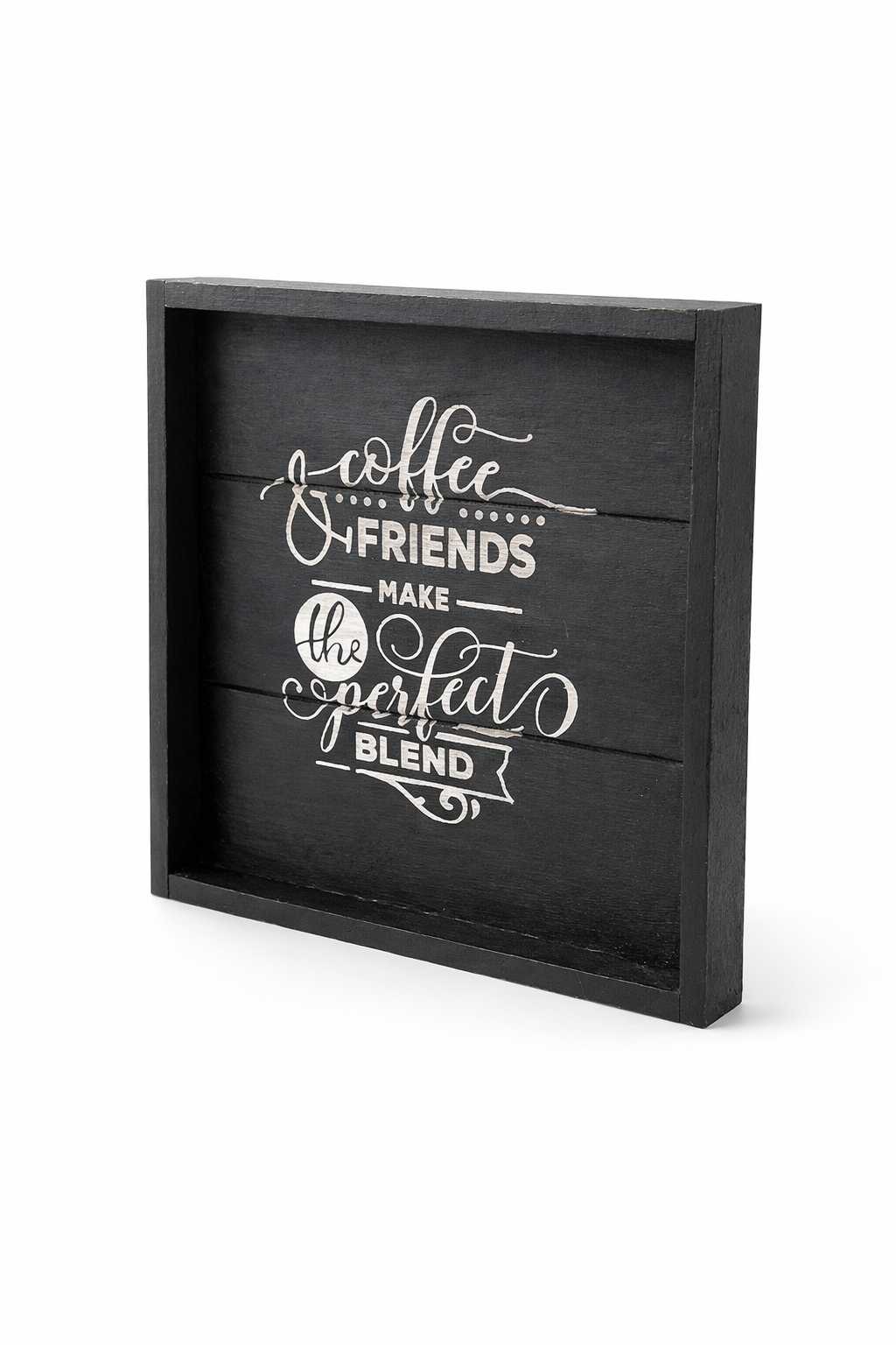 Vierkant dienblad in zwart wit met tekst "Coffee & Friends"