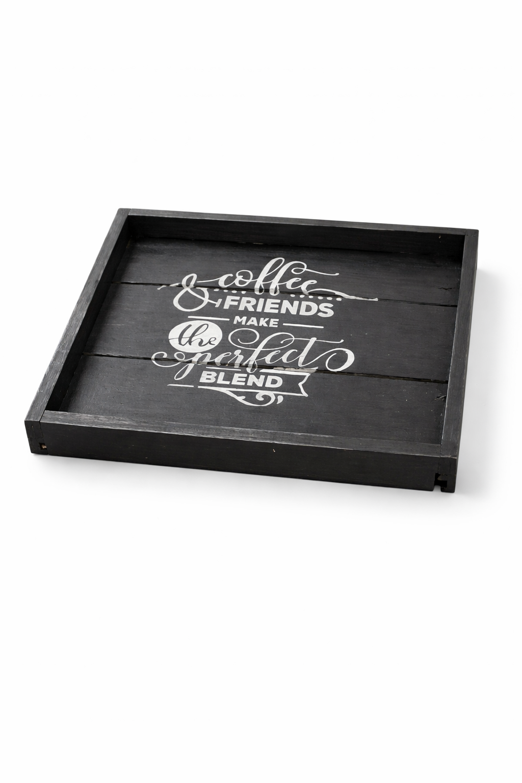 Vierkant dienblad in zwart wit met tekst "Coffee & Friends"