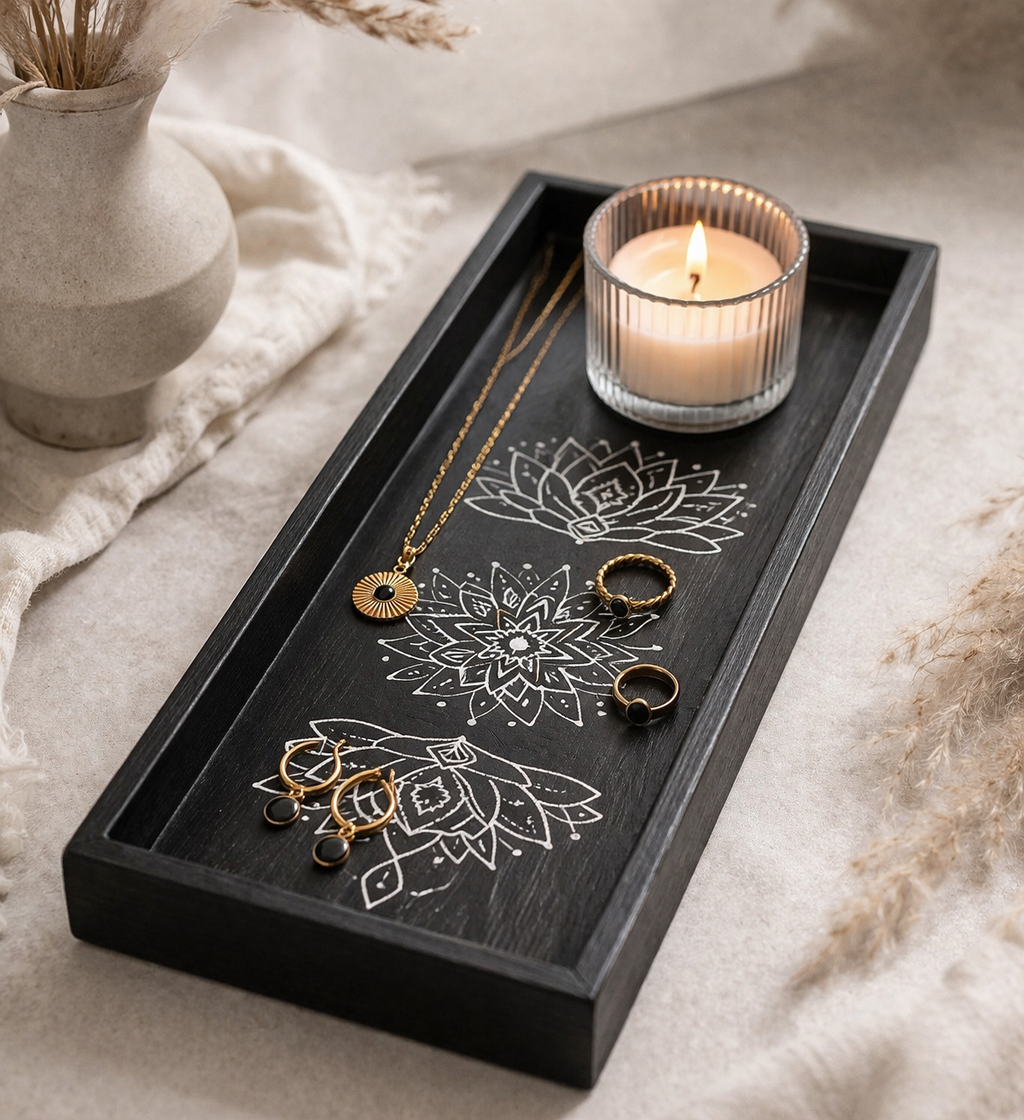 Zwart sier dienblad met Lotus en Mandala