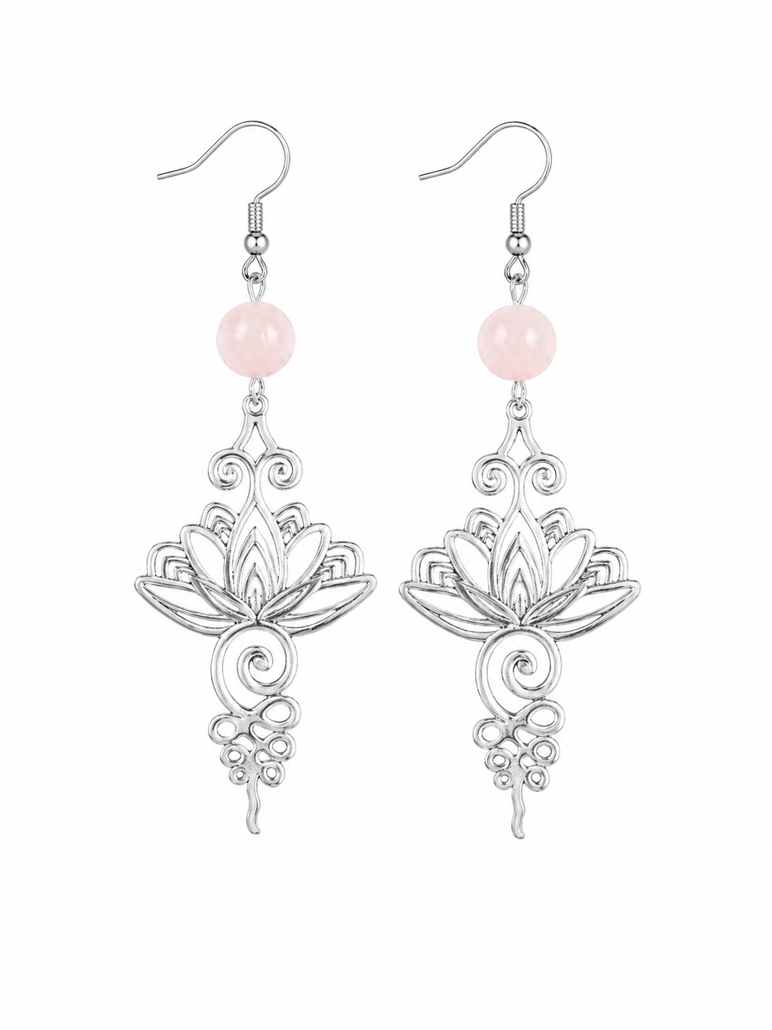 Sazou Jewels Stainless Steel lotus oorbellen aan een vishaakje met een roze agaat kraal