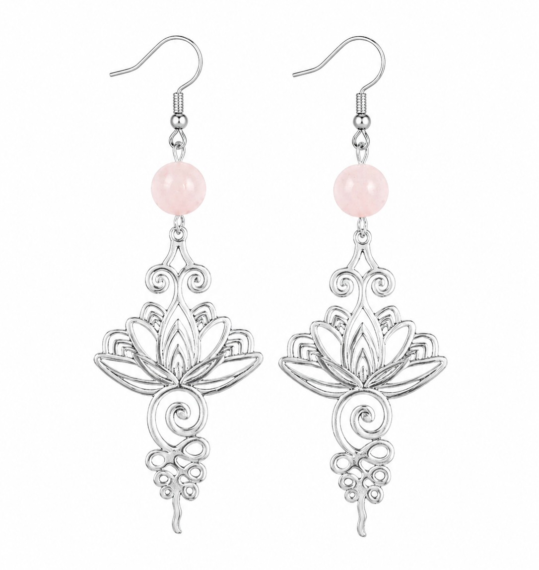 Sazou Jewels Stainless Steel lotus oorbellen aan een vishaakje met een roze agaat kraal