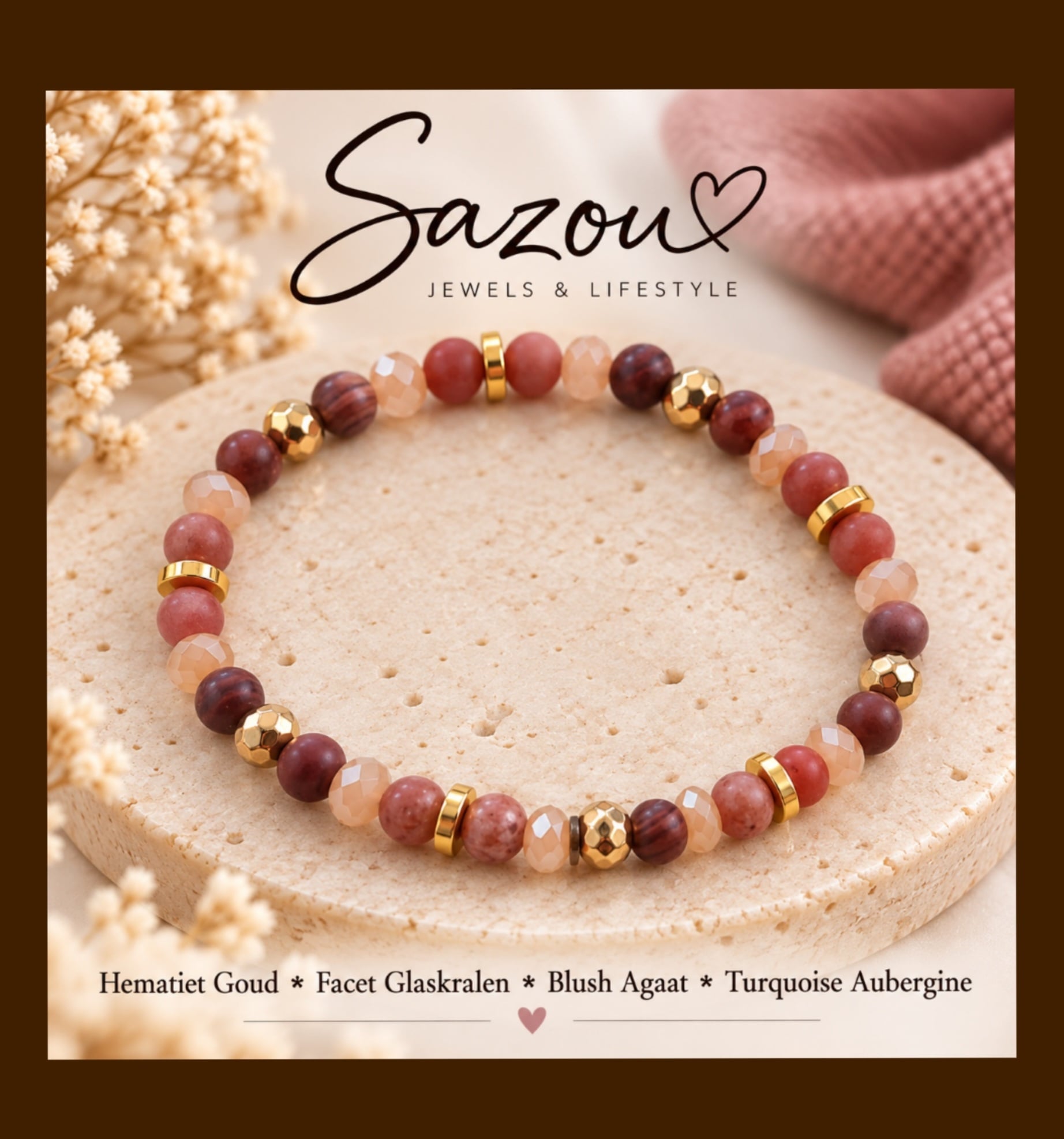 Sazou Jewels Elastische Plus Size armband  Fall van Agaat, hematiet en glaskralen