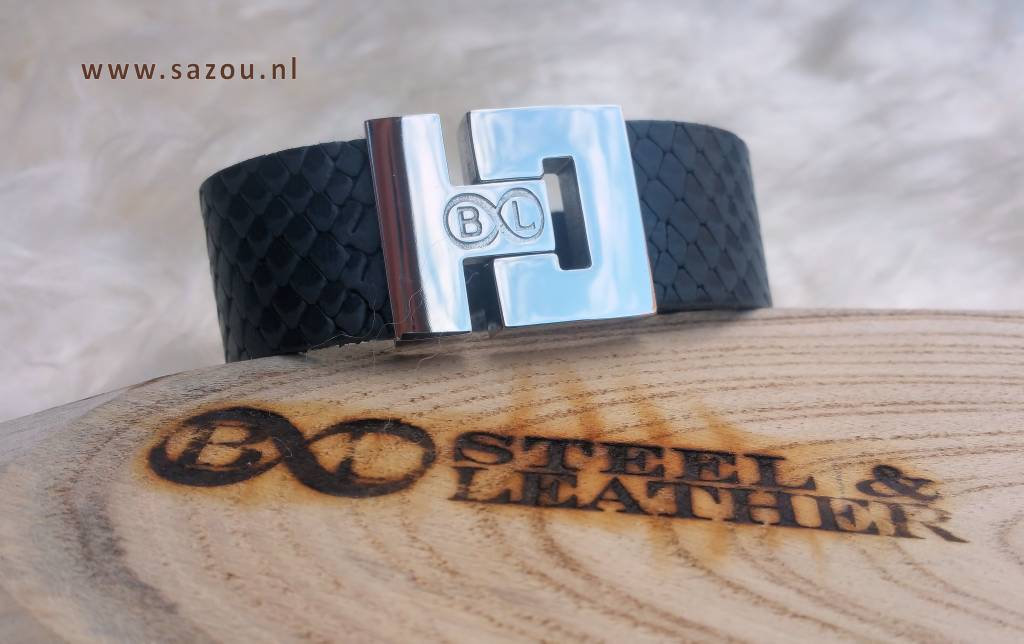 B & L Echt leren grijze armband armband "Snake" met steel slot