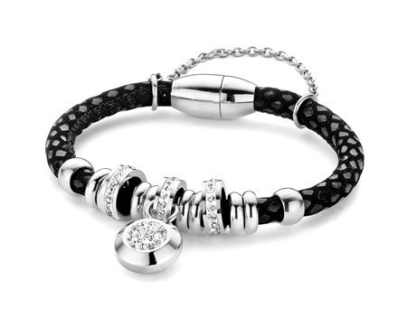 New Bling Armband zwart leer met beads en hanger