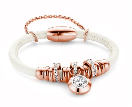 New Bling Armband wit leer met rose gold plated beads en hanger