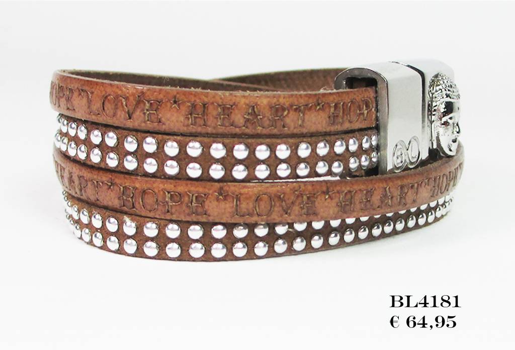 B & L Lederen Wikkel Armband Brown Studs BL 4181