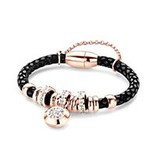 New Bling Armband zwart leer met beads en hanger Rose