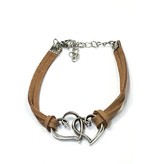 Armband  Suede Leerveter met Dubbel Hart - Cognac