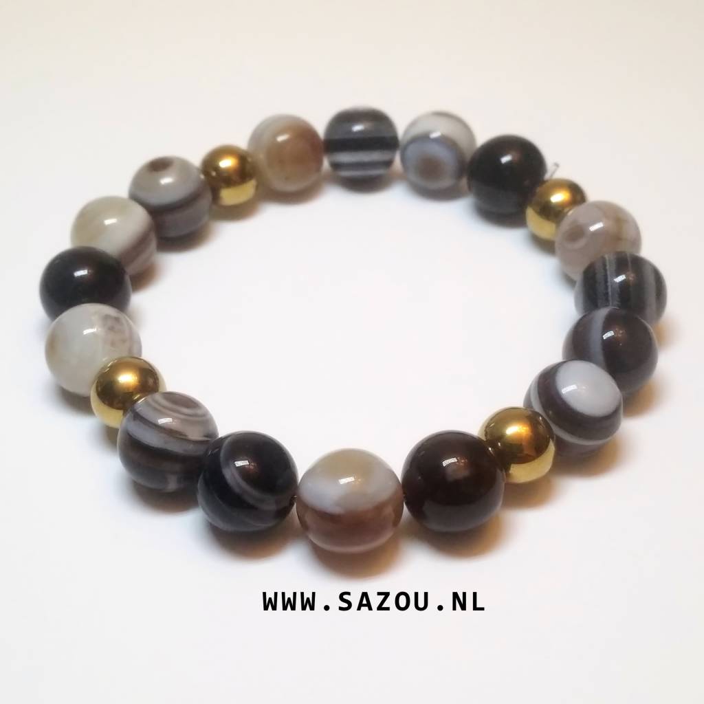 Sazou Jewels Armband Striped Agaat met Hematiet Gold tussen rkalen