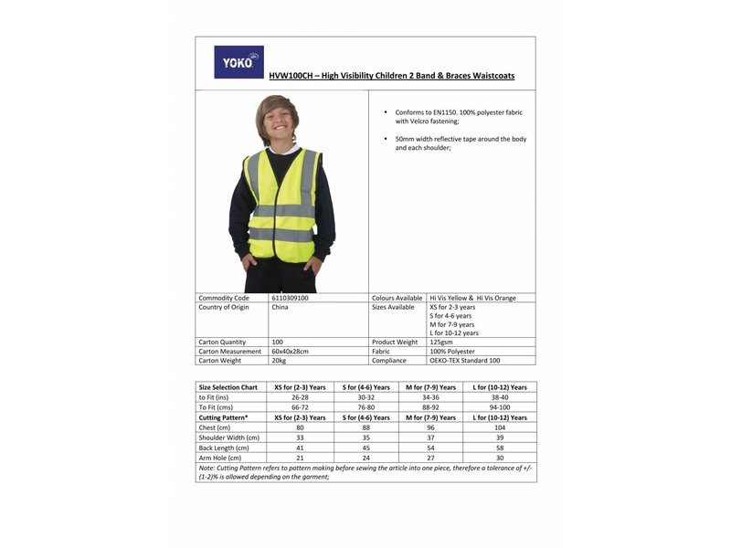 Yoko Kids Hi Vis 2 Band & Brace Waistcoat