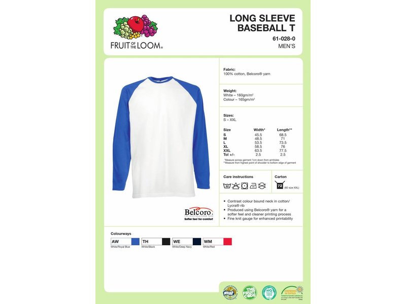 Fruit of the Loom Long Sleeve Baseball T-Shirt