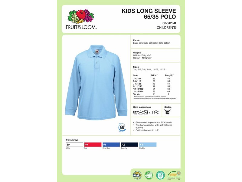 Fruit of the Loom Kids Long Sleeve Polo 65/35