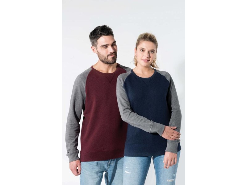 Kariban Tweekleurige herensweater BIO ronde hals raglanmouwen