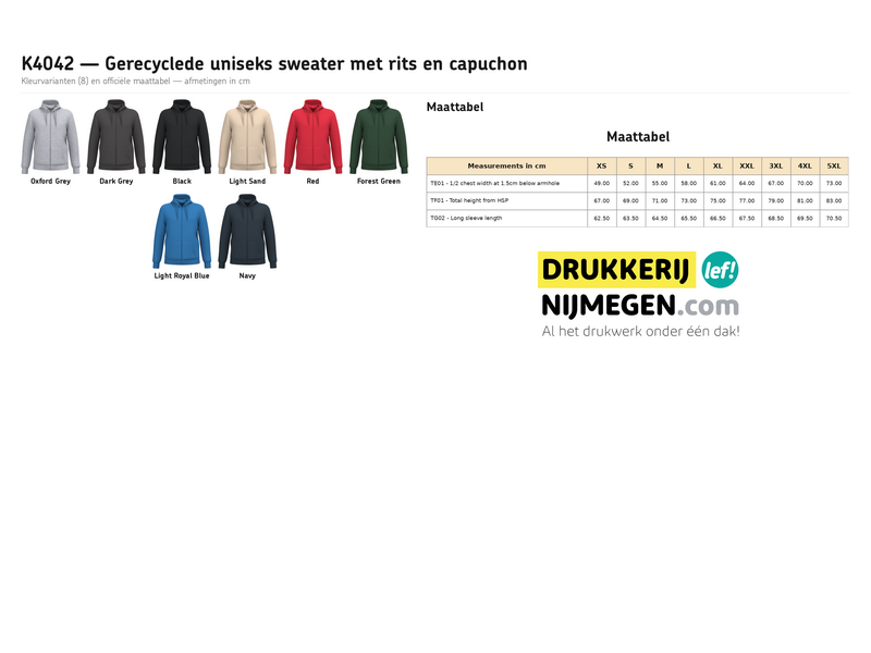 Kariban K4042 | Gerecyclede uniseks sweater met rits en capuchon