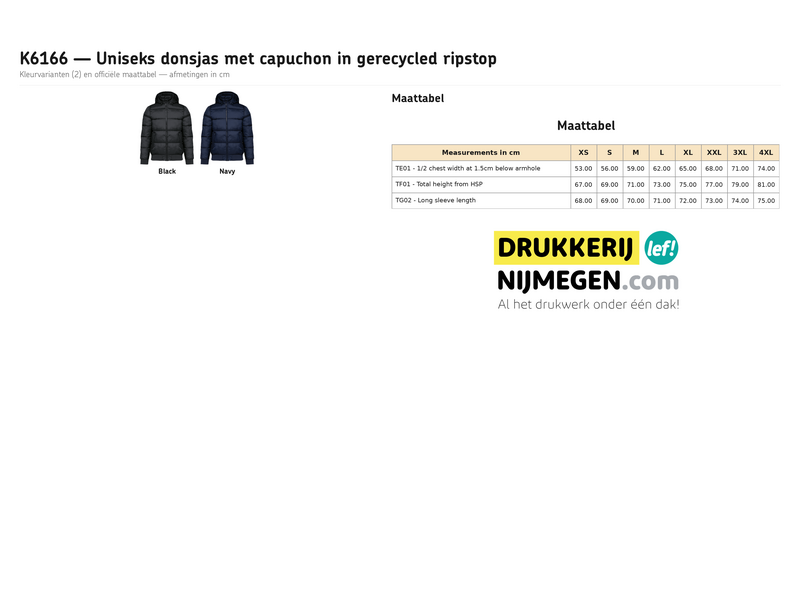 Kariban K6166 | Uniseks donsjack met capuchon van gerecycled ripstop