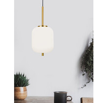 Opal Glass<br />
Brass Gold Metal<br />
Black Fabric Wire<br />
LED E14 1x5 Watt 230 Volt<br />
IP20 Bulb Excluded<br />
D: 16.5 H1: 20 H2: 120 cm Adjustable Height