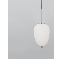 Opal Glass<br />
Brass Gold Metal<br />
Black Fabric Wire<br />
LED E14 1x5 Watt 230 Volt<br />
IP20 Bulb Excluded<br />
D: 15.8 H1: 23 H2: 120 cm Adjustable Height