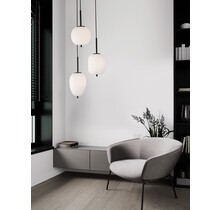 Black Metal & Opal Glass<br />
Black Fabric Wire<br />
LED E14 3x5 Watt 230 Volt <br />
IP20 Bulb Excluded <br />
D: 30 H: 120 cm Adjustable height