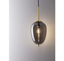 Brass Gold Metal & Smoky Glass<br />
Black Fabric Wire<br />
LED E14 1x5 Watt 230 Volt<br />
IP20 Bulb Excluded Adjustable height