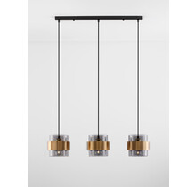 Smoky Glass<br />
Brass Gold Metal <br />
LED E27 3x12 Watt 230 Volt <br />
IP20 Bulb Excluded<br />
L: 82 W: 18 H: 140 cm Adjustable height
