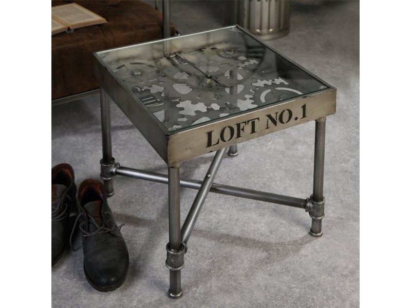 Metal side table with clock, industrial
