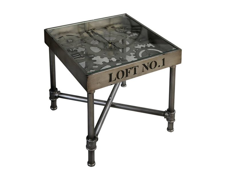 Metal side table with clock, industrial