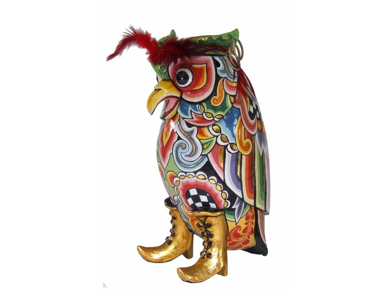 Toms Drag Owl figurine with real, red feathers