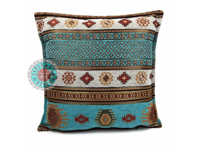 BoHo Sierkussenhoes Aztec Turquoise van meubelstof 45 x 45 cm