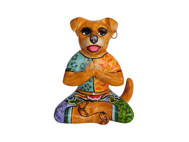 Toms Drag Hond in yogapositie, yoga beeld