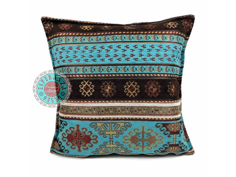 BoHo Dekoratives Kissenbezug Peru Turquoise aus türkisfarbenem Möbelstoff  45 x 45 cm