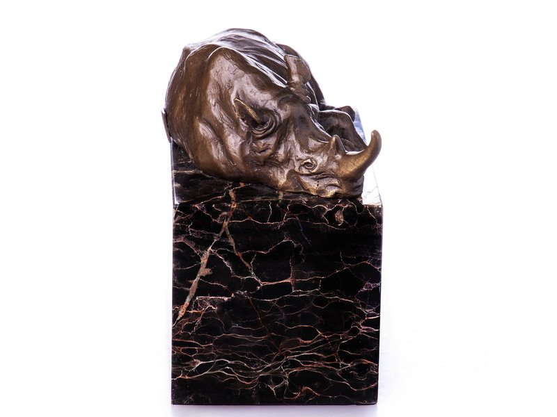 Rhinoceros statue in bronze on a natural stone base