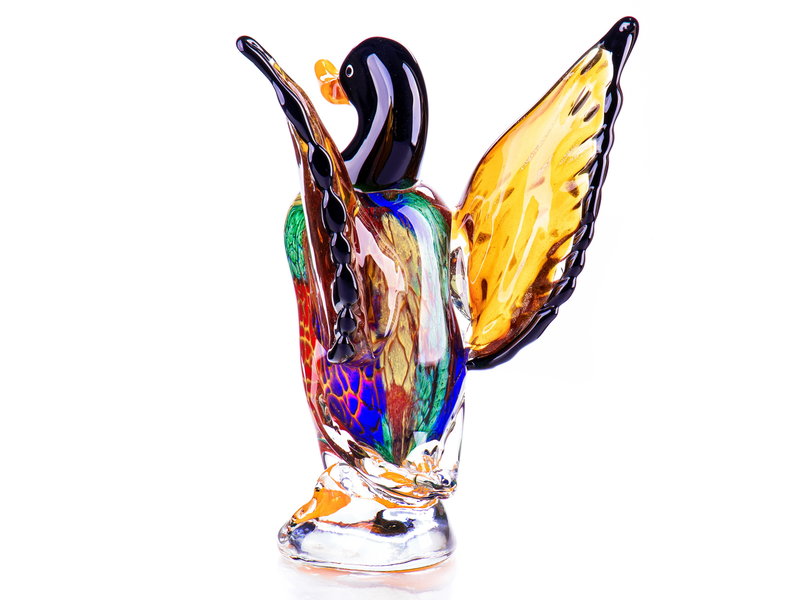 Colorful duck with raised wings, glass object